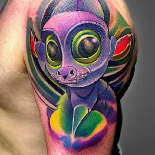 Image similar to shoulder tattoo of a multicolored psychedelic cute bush baby, eyes are colorful spirals, surrounded with colorful magic mushrooms and rainbowcolored marihuana leaves, insanely integrate