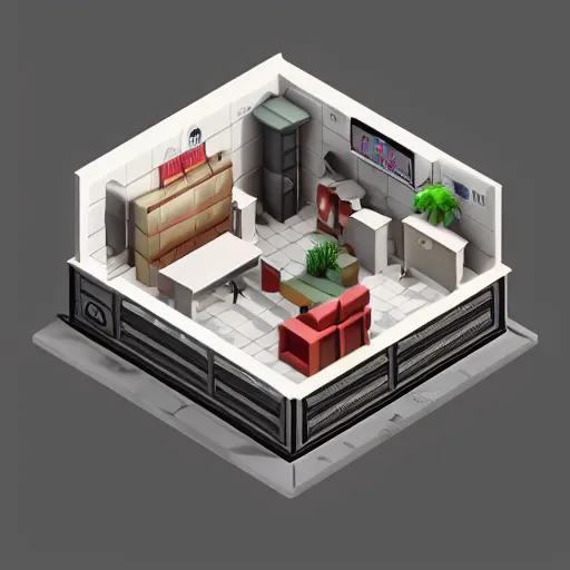 Image similar to isometric room 3 d model, realistic, detailed, crowded, neat