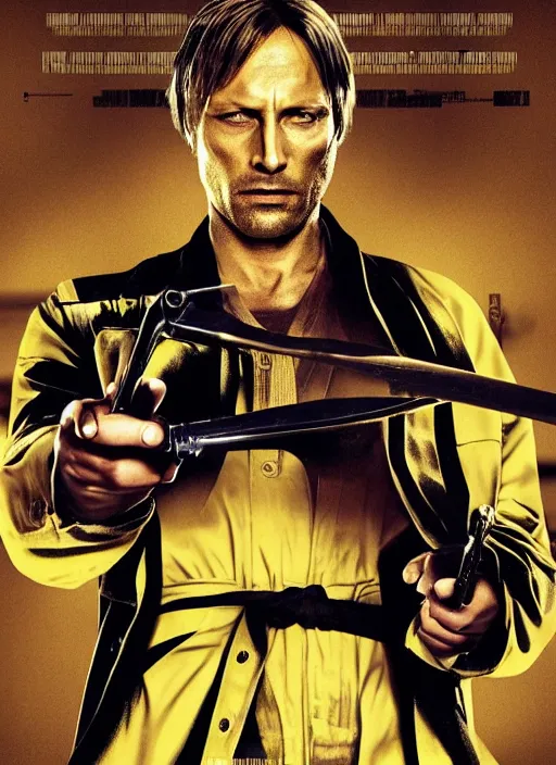 Image similar to movie poster of Mads Mikkelsen in Kill Bill, highly detailed, HD, 4K