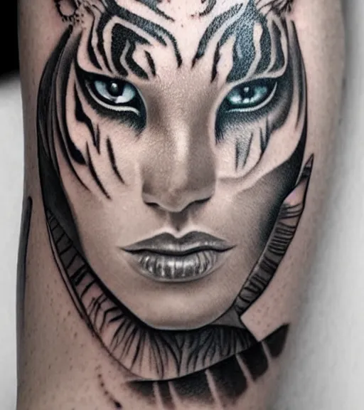 Image similar to tattoo design on white background of a beautiful girl warrior, tiger head above, hyper realistic, realism tattoo, by eliot kohek, beautiful eyes, realistic face, black and white