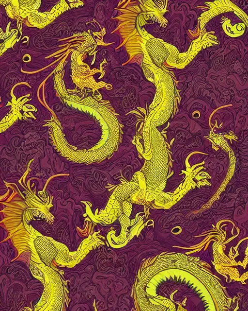 Image similar to an ornate dragon dancing repeating versace pattern, digital art, illustrated by james gurney and victo ngai