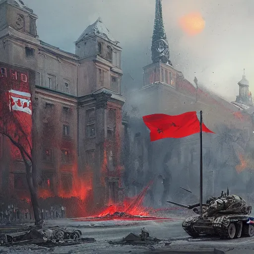 Image similar to berlin been destroyed by the soviet arteries in 1 9 4 4 in one of the soviet armies raising the soviet flag in the background by greg rutkowski