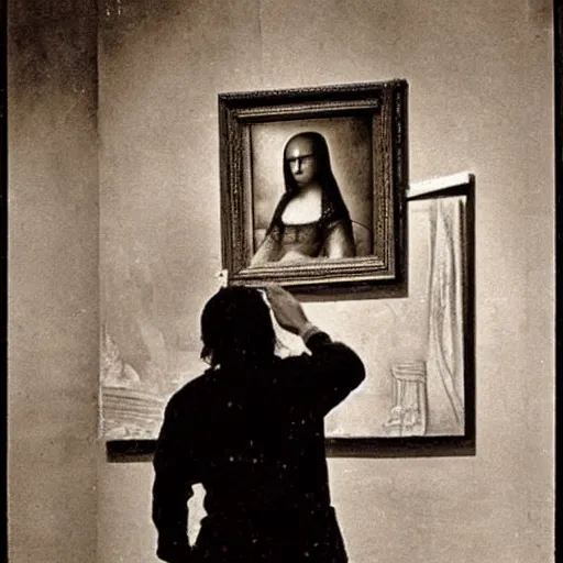 Image similar to old vintage photo from behind of leonardo da vinci painting his unfinished painting of monalisa