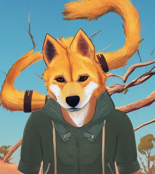 Image similar to stylized character portrait icon of the anthro anthropomorphic dingo dog head animal person fursona wearing clothes adventurer standing in australia outback, hidari, color page, tankoban, 4 k, tone mapping, akihiko yoshida