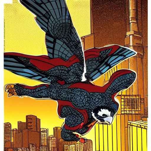 Image similar to falcon morphed with calico cat highly detailed in the style of “ frank miller ” and katsuhiro otomo tokyo cityscape