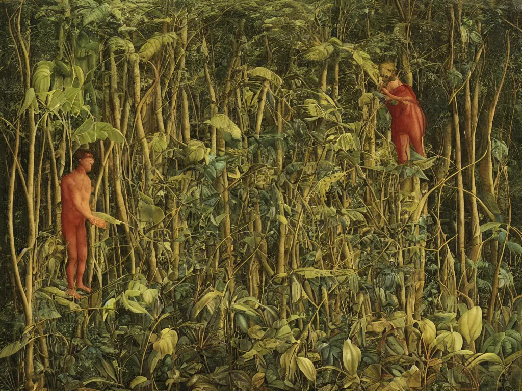 Prompt: Man lost in the Amazonian jungle among the carnivorous plants, panthers and giant leaves. Painting by Giotto