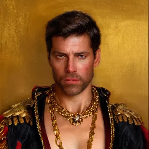 Prompt: detailed realistic cinematic wide shot of beautiful attractive muscular joe biden as roman empreror gold chain wearing royal red clothes slim face symettrical face clean skin black eyes black robe smooth, sharp focus, ultra realistic, spring light, painting by gaston bussiere, craig mullins, j. c. leyendecker