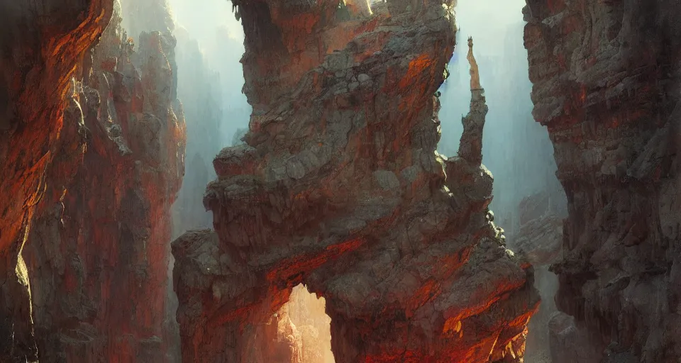 Prompt: unknown depth. a slender bridge of stone that spanned the chasm with one curving spring of fifty feet, rune - carved stone monolith intricate, vivid colors, elegant, highly detailed, john park, frazetta, john howe, ruan jia, jeffrey catherine jones