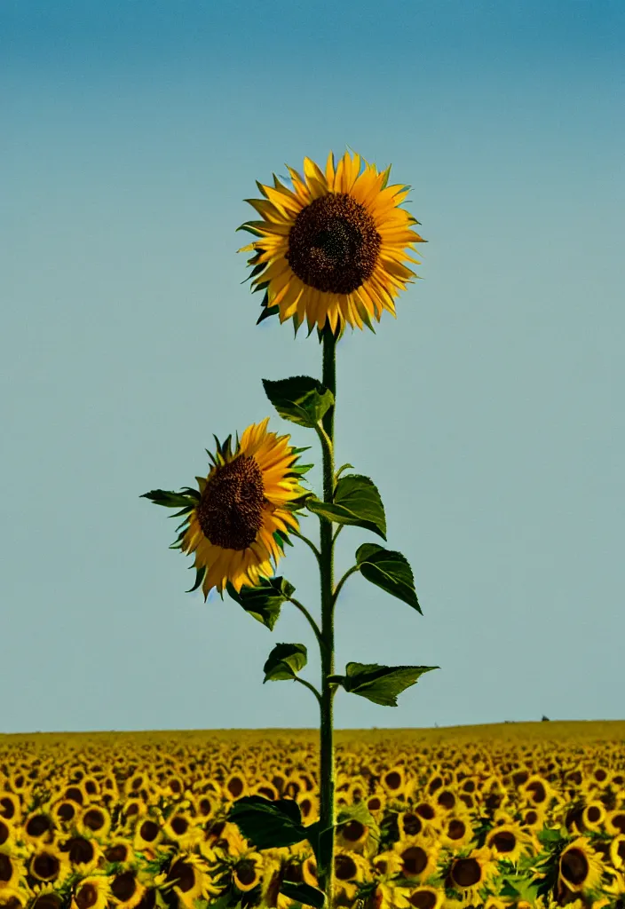 Prompt: A communist Propaganda Poster of a single sunflower in a vast dry field.