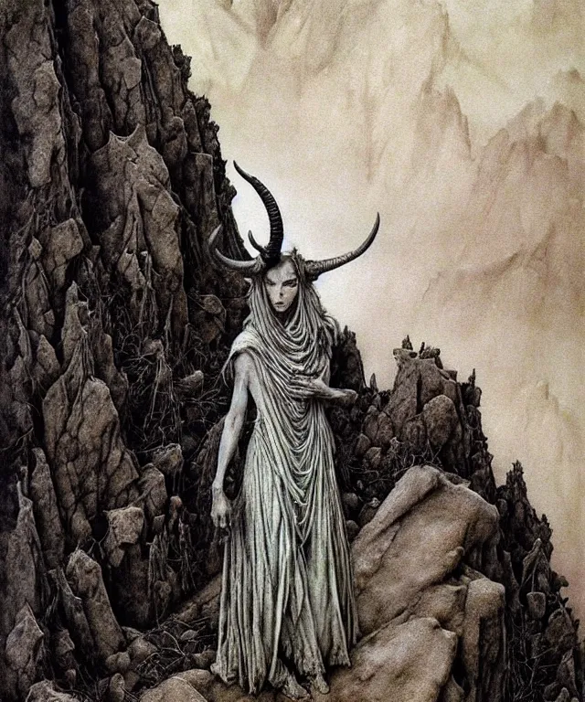 Image similar to A detailed horned goatwoman stands among the hills. Wearing a ripped mantle, robe. Perfect faces, extremely high details, realistic, fantasy art, solo, masterpiece, art by Zdzisław Beksiński, Arthur Rackham, Dariusz Zawadzki