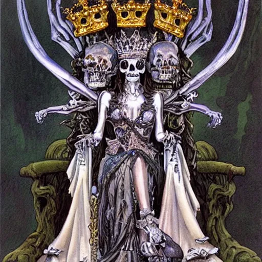 Image similar to beautiful painting of the queen of bones by a cemetary, sitting on a throne, detailed face, with a crown of skulls, skull earings, painting by jean giraud, jeff easley