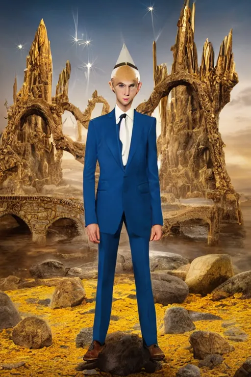 Prompt: portrait of a beautiful androgynous actress with long messy spiked auburn hair, golden eyes, tan skin, and tufted elf ears and dressed in a blue men's suit with a yellow tie, standing on a stone bridge with a fantasy metropolis of tall stone towers in the background