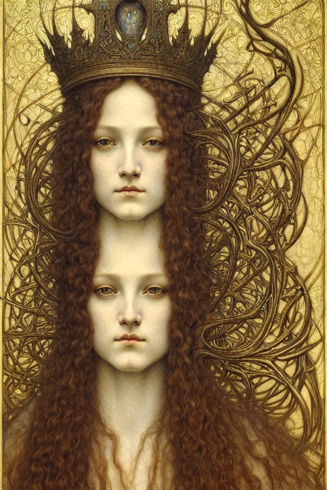 Image similar to detailed realistic beautiful young medieval queen face portrait by jean delville, gustave dore and marco mazzoni, art nouveau, symbolist, visionary, gothic, pre - raphaelite. horizontal symmetry