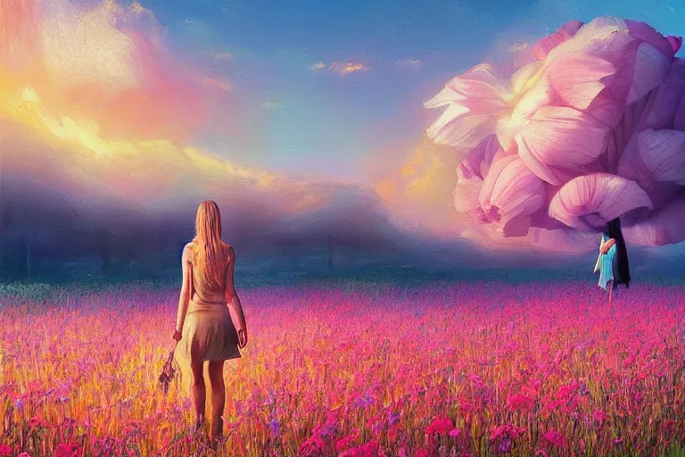 Image similar to giant gladiola head, girl walking in field of flowers, surreal photography, sunrise, blue sky, dramatic light, impressionist painting, digital painting, artstation, simon stalenhag