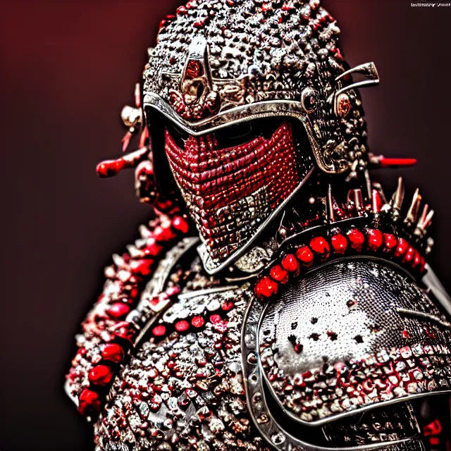 Image similar to photo of a beautiful! warrior with ruby encrusted armour, highly detailed, 8 k, hdr smooth, sharp focus, high resolution, award - winning photo, dslr, 5 0 mm