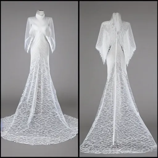 Prompt: Long white wedding dress, butterfly wing-shaped skirt, design manuscript, sketch style