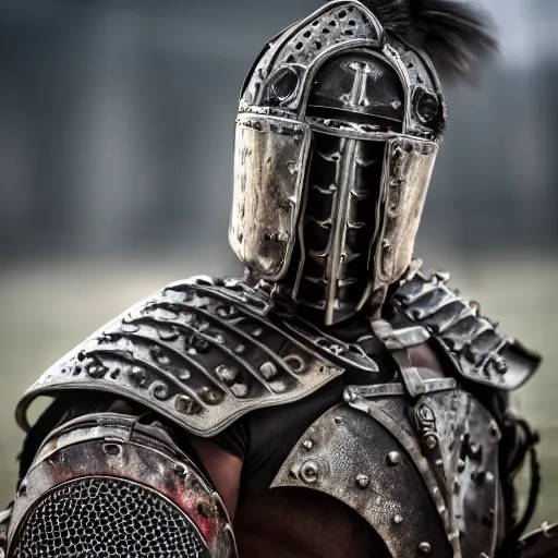 Image similar to steam punk gladiator wearing armor in the arena, shallow depth of field, moody lighting, 8 k,
