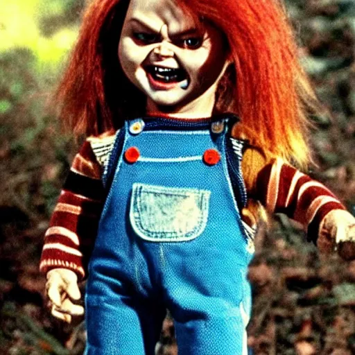 Image similar to Chucky the killer doll from the movie Child's Play standing in the yard