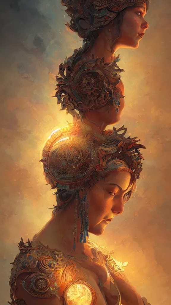 Prompt: portrait of a beautiful rendition of the mythical goddess of the sun, illustration, artistic, colorful, hyper detailed, in the style of greg rutkowski,