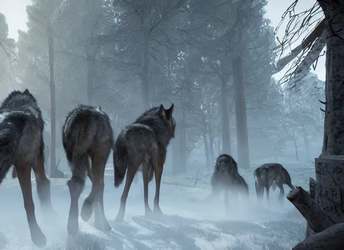 Image similar to a pack of giant wolfs walk through the ruins of a viking village, horror, dramatic lighting, dawn, by caspar david friedrich, unreal engine 5