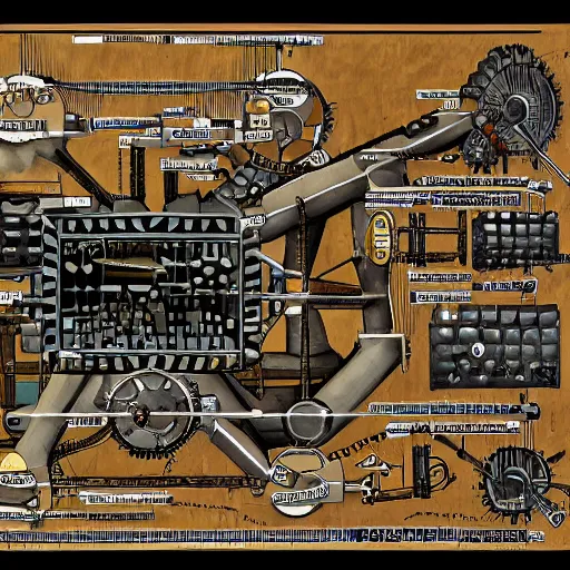 Image similar to complex diagram of original Mechanical Turk - a chess playing automatron