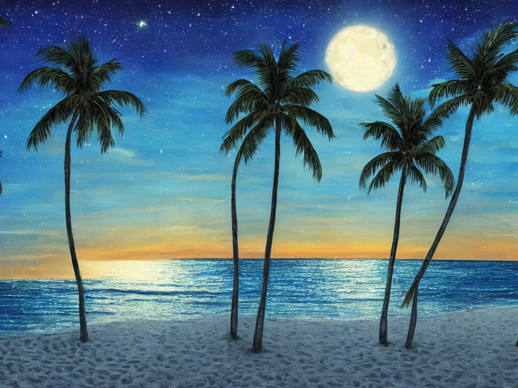 Image similar to night on a summer miami city beach, you can see part of the city, palm trees, footprints in the sand, full moon reflected in the calm ocean, starry sky 8 k, ultra detailed, trending on artstation, digital painting