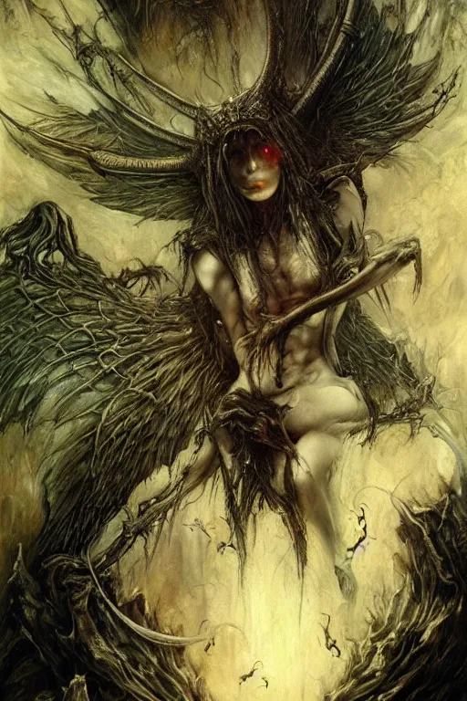 Prompt: life and death mixing, demonic wings, fireflies, hyperdetailed, 4 k, trending on artstation, dark and gloomy, demonic, cinematic, artgerm, h. r. giger, francis bacon, gustave moreau, luis royo