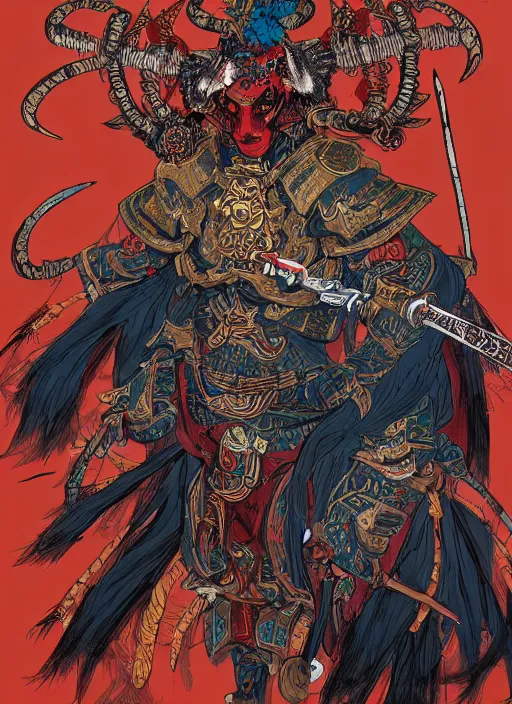 Prompt: Demon Samurai with Peacock Armor, in the style of Sam Guay and James Jean and Fenghua Zhong, character Illustration, stunning scene, trending on artstation