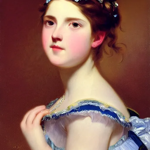 Image similar to portrait of a german teenage princess, circa 1 8 5 0 by franz xaver winterhalter, highly detailed, beautiful, oil on canvas, 1 8 5 0 s, romanticism