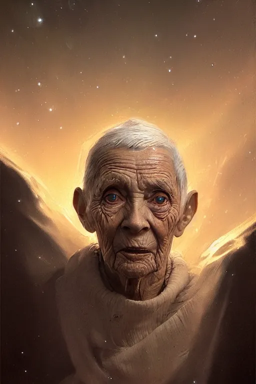 Image similar to the look of an elderly person 4 1 6 0 full of wrinkles and imperfections by artgem and greg rutkowski, highly detailed, high contrast, light reflection, trippy, nebula, trending on artstation