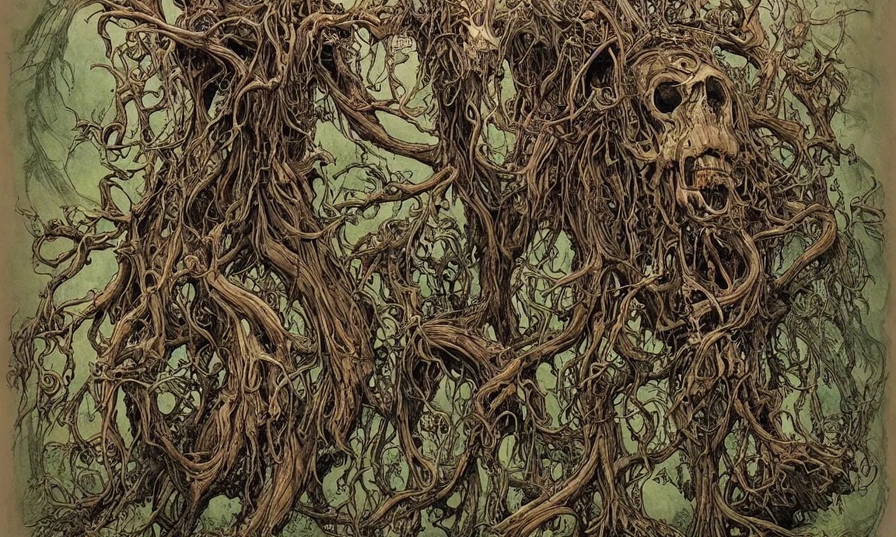 Image similar to hyperdetailed art nouveau portrait of treebeard and old groot as a cthulhu eyeball moose skull wendigo swamp thing creatures, by michael kaluta, pushead and bill sienkiewicz, photorealism, claws, skeleton, antlers, fangs, forest, wild, bizarre, scary, lynn varley, lovern kindzierski, steve oliff