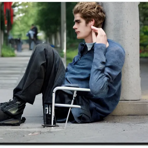 Image similar to photo of sad teenage andrew garfield sitting on a bench in a park, two crutches near bench, wearing shirt and trousers, street of moscow, shallow depth of field, cinematic, 8 0 mm, f 1. 8