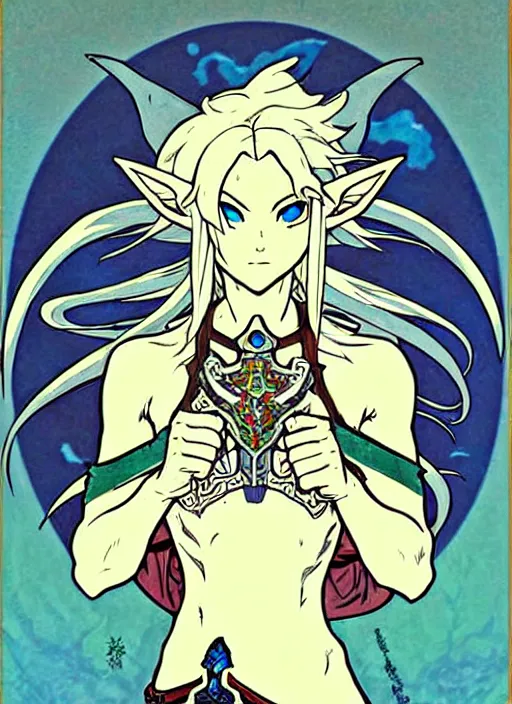 Image similar to link as the fierce diety form with white hair!! from the legend of zelda!! portrait illustration, pop art, splash painting, art by geof darrow, ashley wood, alphonse mucha, makoto shinkai