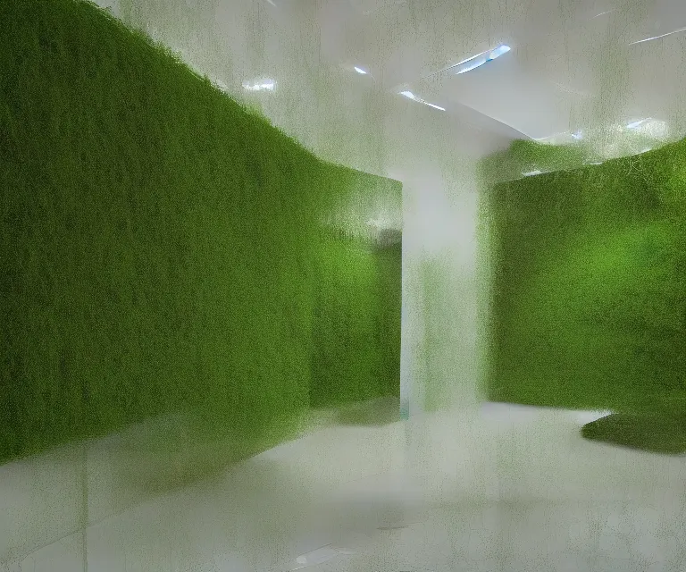 Prompt: still from an a 2 4 film : floating vr interface with depth of field, multiscale micro - room hallway tunnels branching amongst a minimalist area made of moss, vertical panels upon panels stacking floating leaves into the distance, vertically floating panels & soft white marble tablets displaying zooming interfaces and long scrolls and blurry panels of floating above the grass, macro view with bokeh