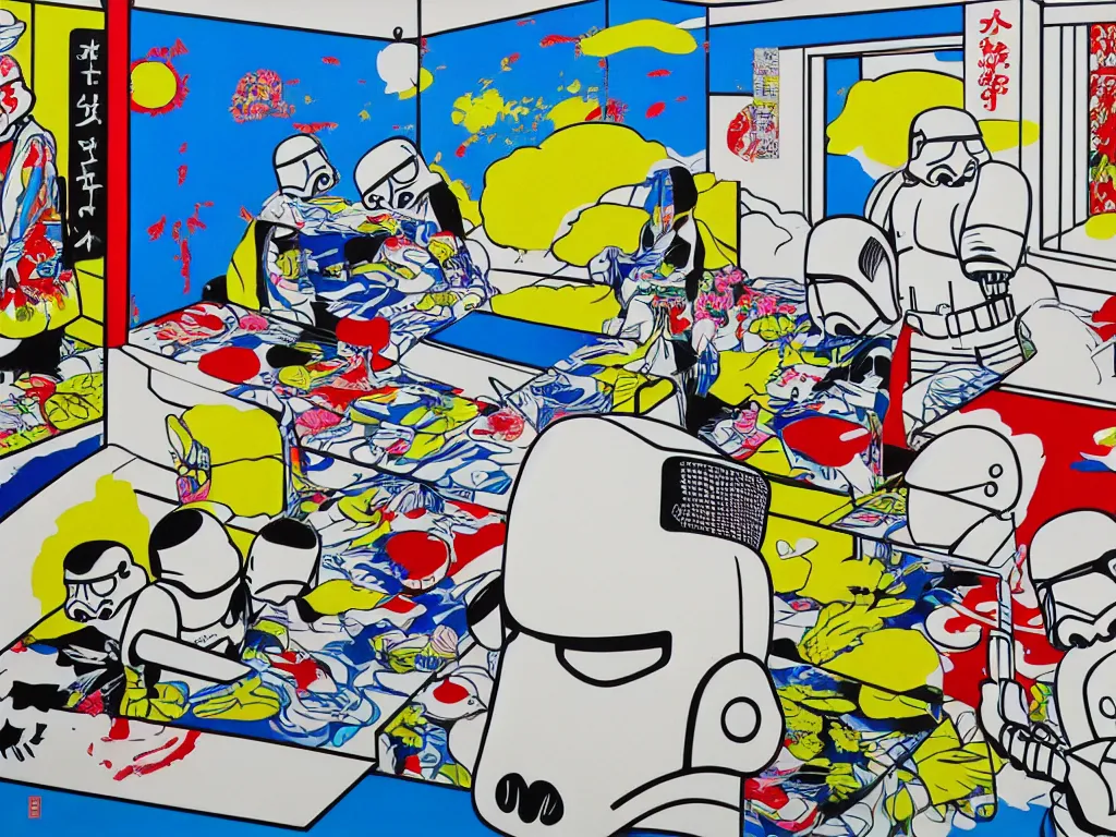 Image similar to hyperrealism composition of the japanese home with a garden, detailed stormtrooper in hot springs, pop - art style, jacky tsai style, andy warhol style, roy lichtenstein style, acrylic on canvas