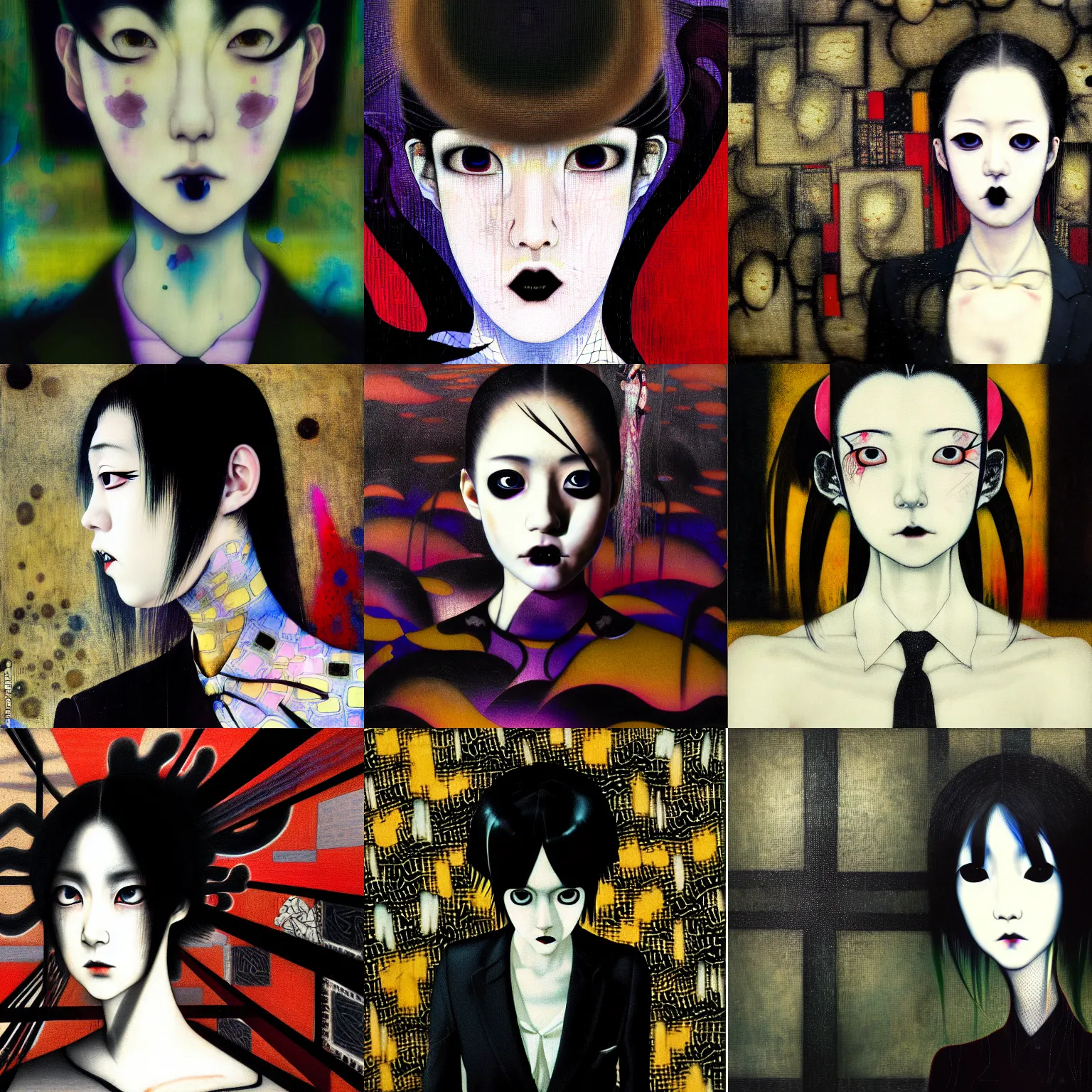 Image similar to yoshitaka amano blurred and dreamy realistic three quarter angle portrait of a young woman with black lipstick and black eyes wearing dress suit with tie, junji ito abstract patterns in the background, satoshi kon anime, noisy film grain effect, highly detailed, renaissance oil painting, weird portrait angle, blurred lost edges