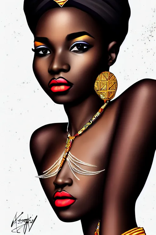 Prompt: a portrait of a young african beautiful and vibrant queen, confident pose, intricate, elegant, sharp focus, illustration, highly detailed, concept art, matte, trending on artstation, anime, art