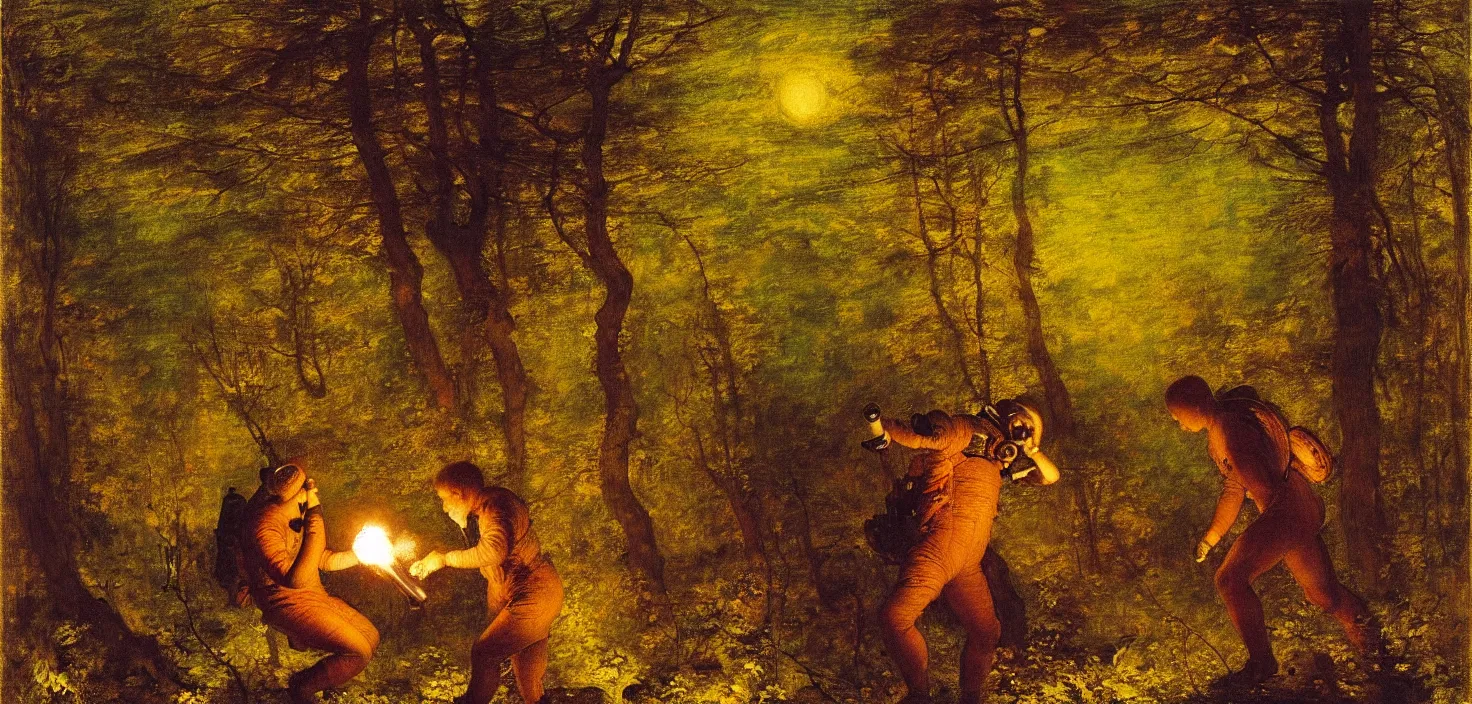 Prompt: an astronaut is in the woods, holding a torch ， by george frederick watts 1 8 8 6