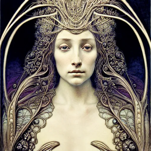 Image similar to detailed realistic beautiful young medieval queen face portrait by jean delville, gustave dore, iris van herpen and marco mazzoni, art forms of nature by ernst haeckel, art nouveau, symbolist, visionary, gothic, pre - raphaelite, fractal lace, surrealityhorizontal symmetry