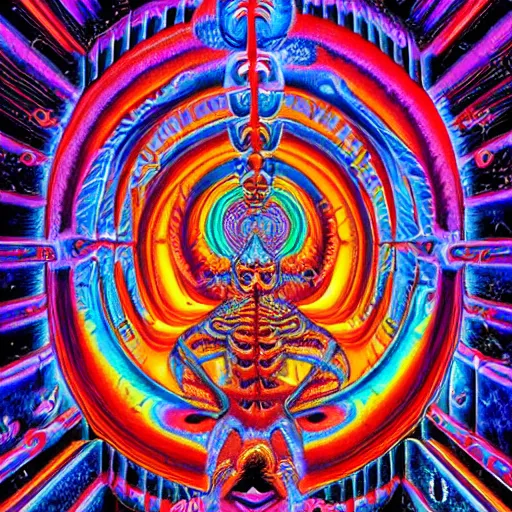 Image similar to a vivid image of the portal to hell in a puzzle box by clive barker and alex grey and lisa frank and michael whelan, symmetry accurate features, very intricate details, 8 k, hires