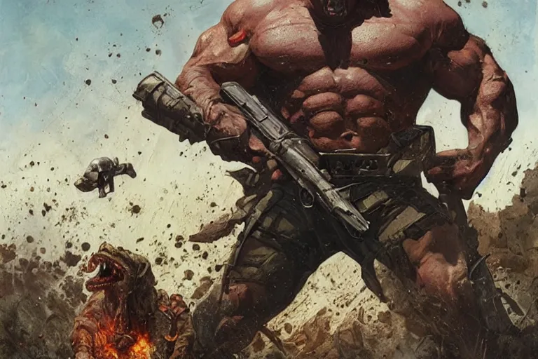 Image similar to portrait of morgan aste as the punisher blasting a lizard beast with a shotgun, greg rutkowski, rick berry, norman rockwell, greg staples, nc wyeth, arstation, greg rutkowski