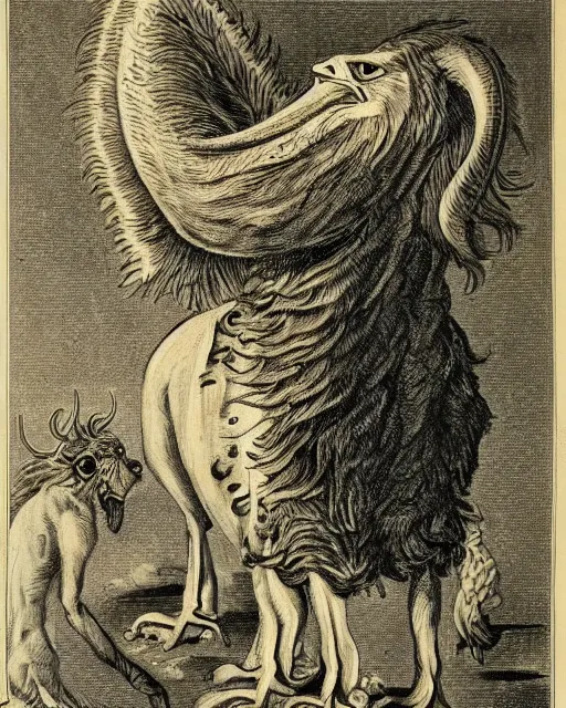 Image similar to a creature with the body and eyes of a man, with the beak of an eagle, the mane of a lion, and the horns of an ox. drawn by francis bacon