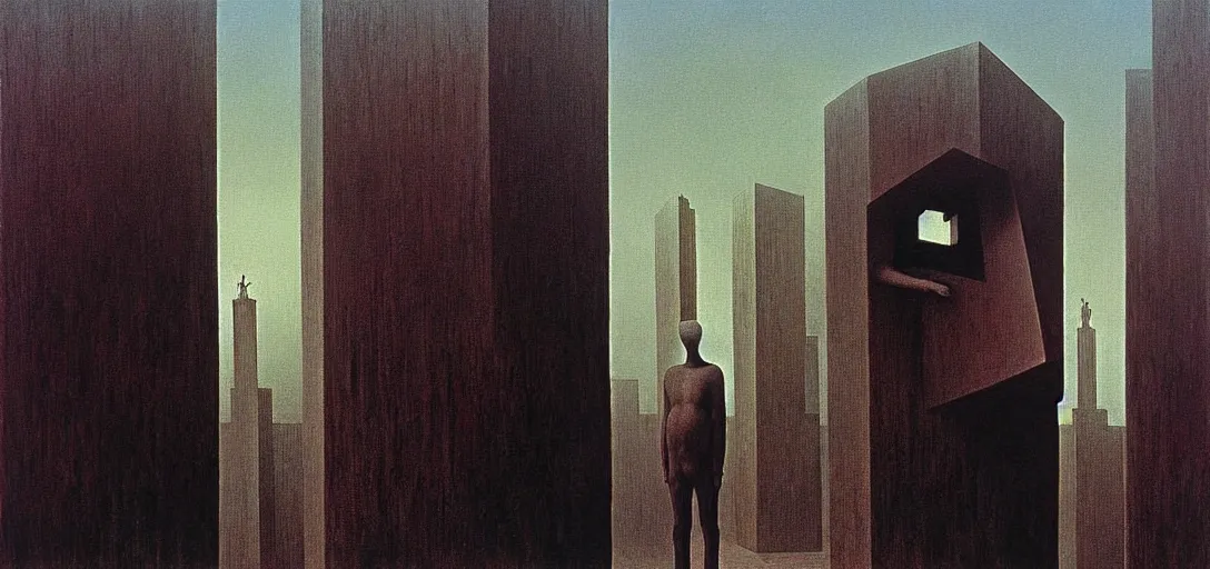 Image similar to dystopian surreal painting of a single eerie head statue surrounded by buildings by zdzisław beksinski and caravaggio