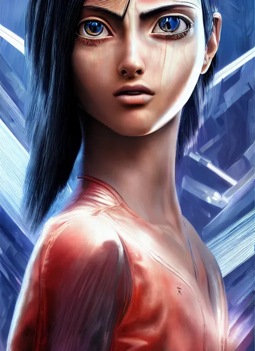 Image similar to Alita Battle Angel, digital painting, cyberpunk, aesthetic, faded, full body portrait, hyper realistic render, 8k