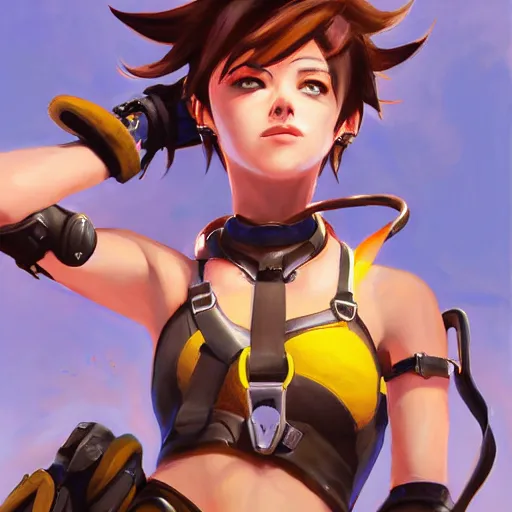 Image similar to oil painting of tracer overwatch in a field wearing spiked collar around neck, in style of raymond swanland, expressive face, wearing choker, steel collar, steel choker, wearing collar on neck, detailed face, detailed eyes, full body, feminine face, tracer overwatch,