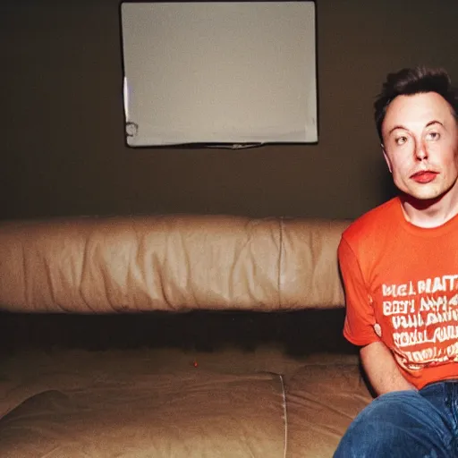 Image similar to bored elon musk with torned dirty t-shirt lying on a couch cinestill 800t