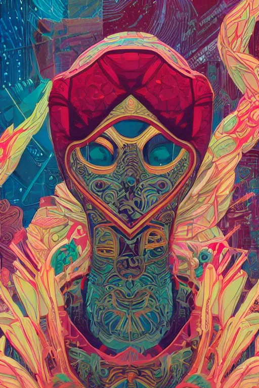 Image similar to a hacker wearing a quetzal mask, Tristan Eaton, victo ngai, artgerm, RHADS, ross draws