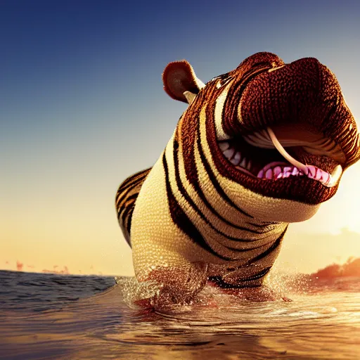 Prompt: a closeup photorealistic photograph of a cute smiling knitted tiger hippopotamus chasing after a beachball during sunset. surf in background. professional capture. this 4 k hd image is trending on artstation, featured on behance, well - rendered, extra crisp, features intricate detail, epic composition and the style of unreal engine.