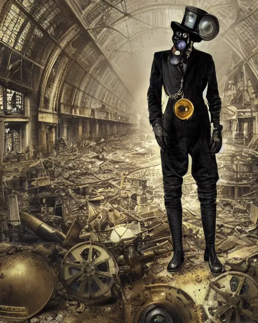 Image similar to a creepy steampunk mechanical metal man with a hunched - back, ww 1 era gas mask, and wearing a top hat stands alone inside a bombed out, desolate grand central station, post apocalyptic, trending on artstation