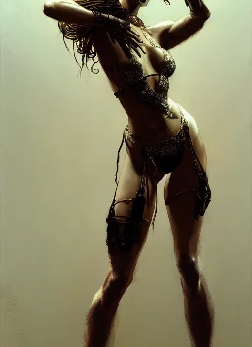 Image similar to girls posing seductively, fantasy character portrait, bikini, bodysuit, leotard, ultra realistic, wide angle, intricate details, the fifth element artifacts, highly detailed by, simon bisley craig mullins